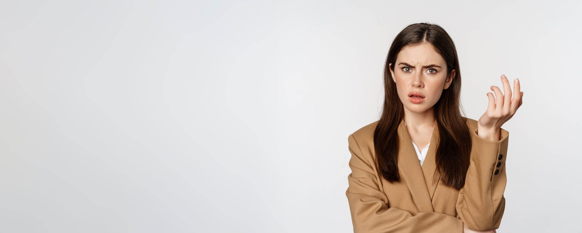 Portrait confused businesswoman staring puzzled frustrated cant understand smth standing s