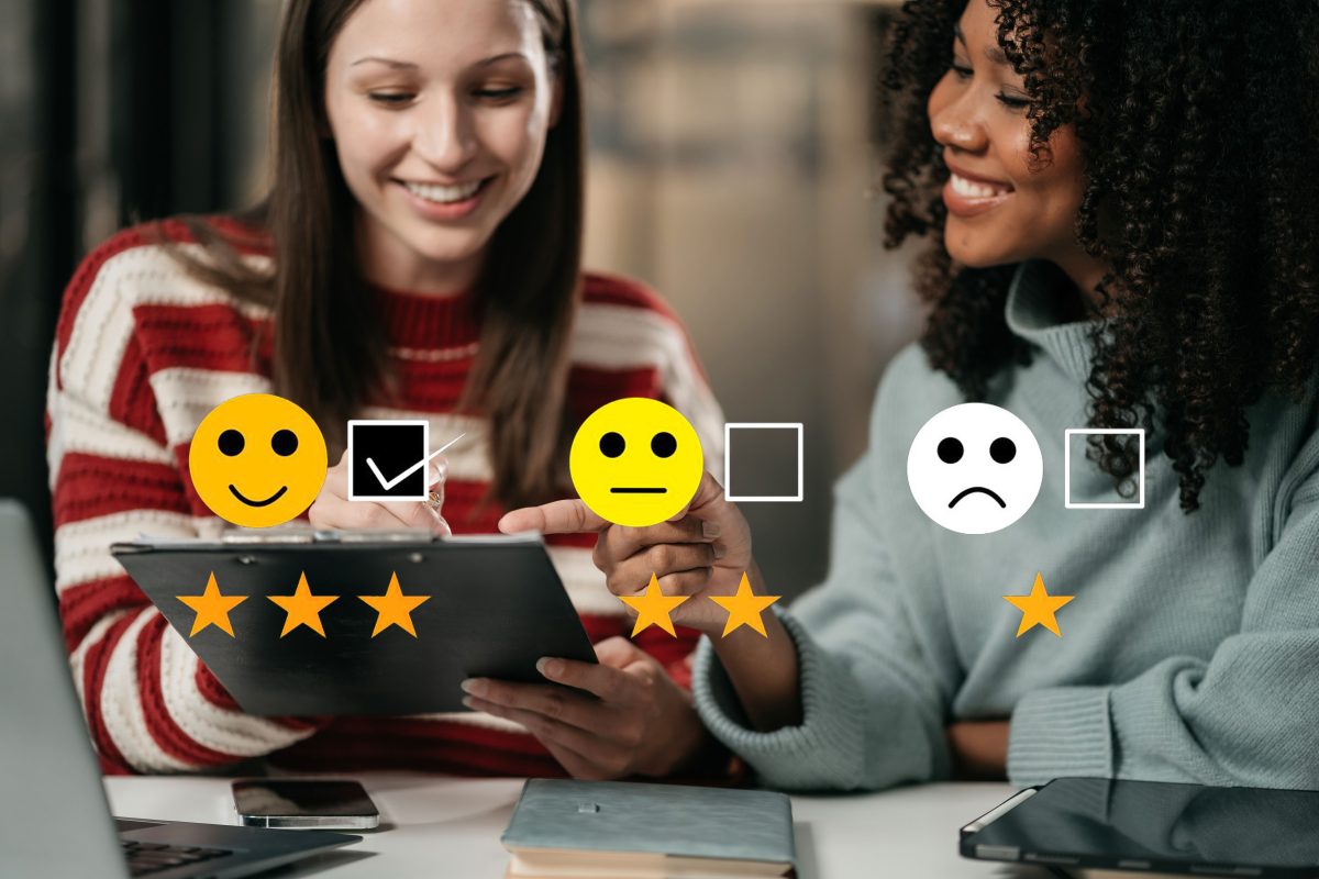 Woman holding digital tablet with checkboxes rating smiley faces excellent satisfaction survey happy client customer experience concept copy