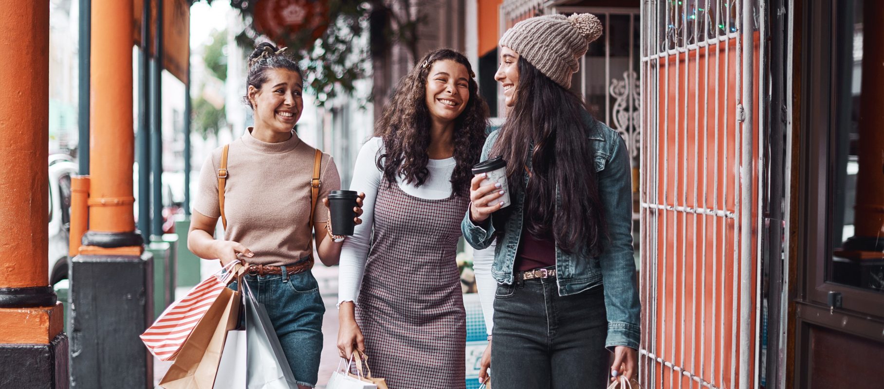 Women friends bags shopping city with bonding time fashion discount outdoor with retail purchase gen z people urban street girl siblings with boutique product love weekend