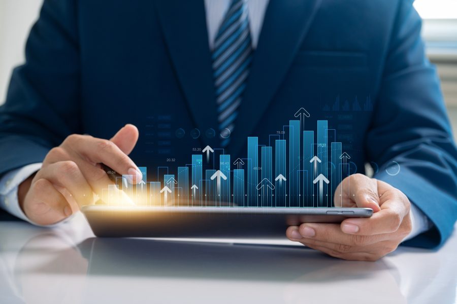 Businessman use financial analytics investment strategies leveraging digital technology drive business growth optimize economic performance todays dynamic market copy