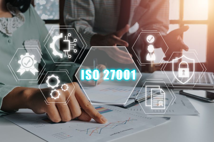 Iso 27001 quality standards assurance business technology concept business team analyzing income charts graphs with iso 27001 icon virtual screen copy