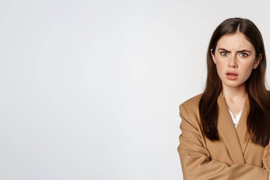 Portrait confused businesswoman staring puzzled frustrated cant understand smth standing s