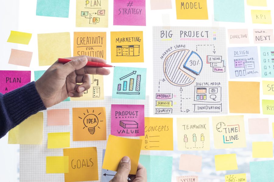 Sharing ideas concepts with papernote writing strategy wall glass office business marketing communication copy