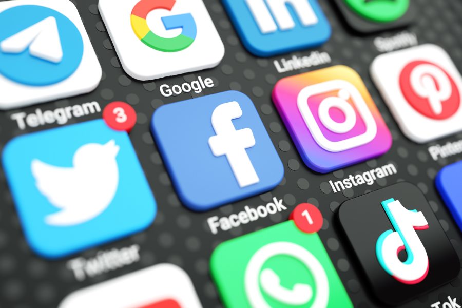 Social media icons logos mobile phone screen 3d copy