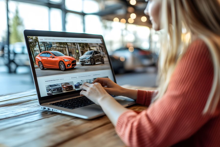 Woman browsing car inventory online laptop copy
