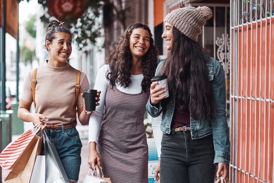Women friends bags shopping city with bonding time fashion discount outdoor with retail purchase gen z people urban street girl siblings with boutique product love weekend