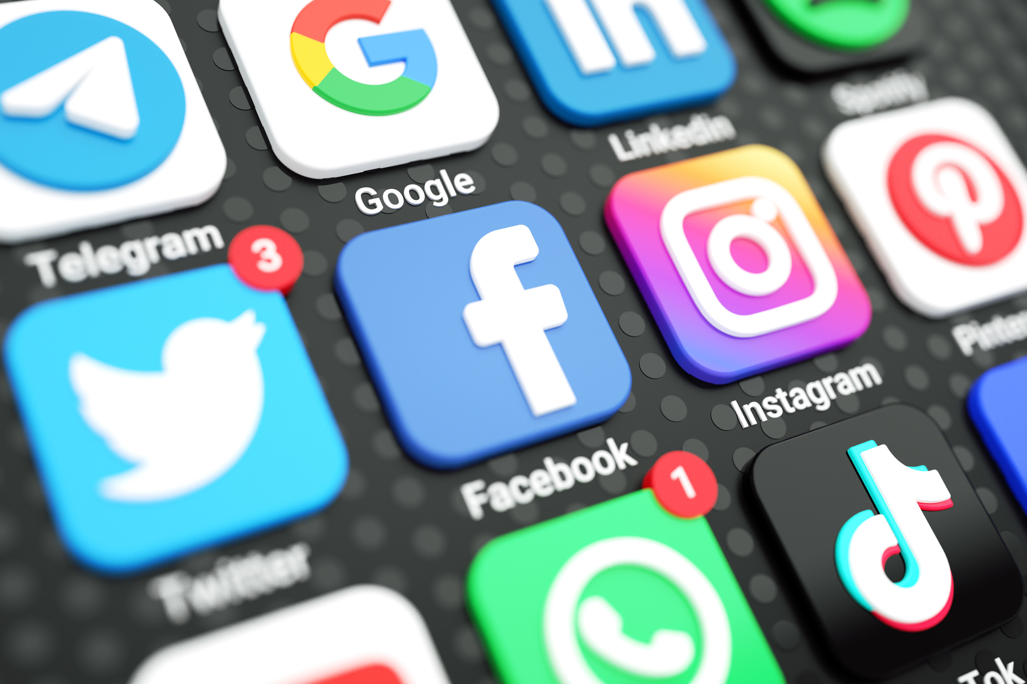 Social media icons logos mobile phone screen 3d copy